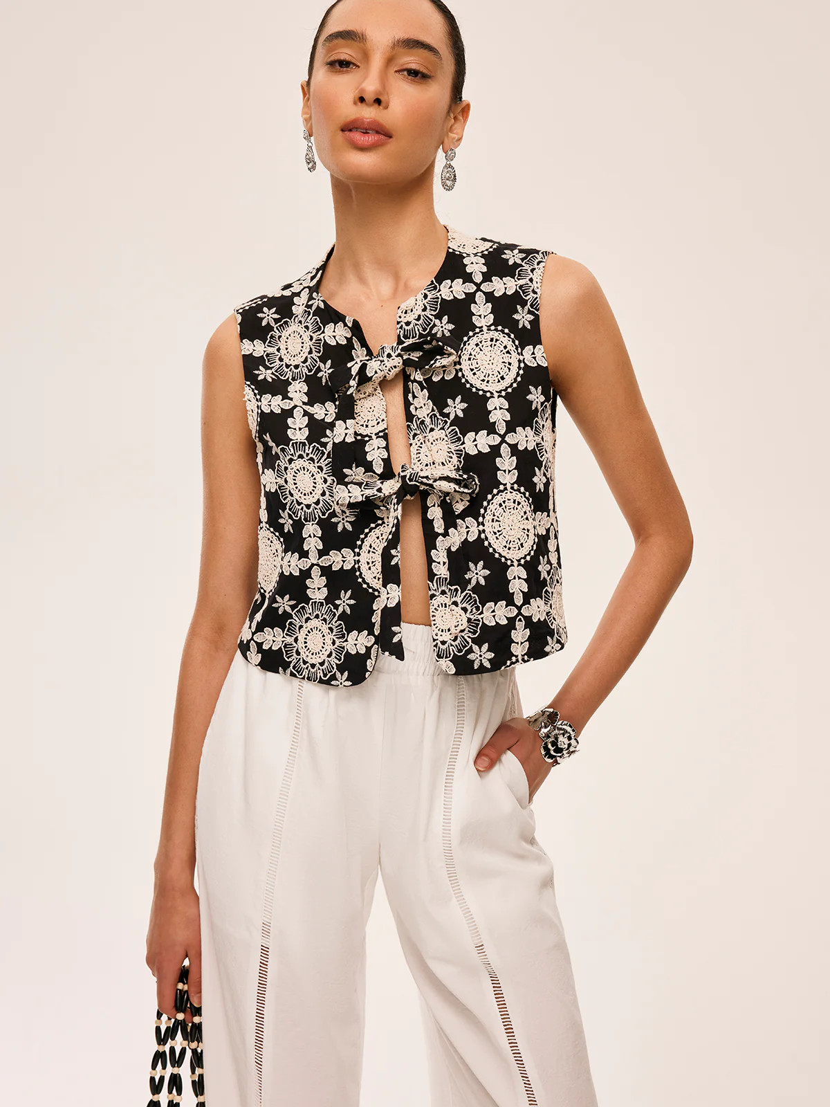 Embroidered Cotton Tie-Front Vest | Commense