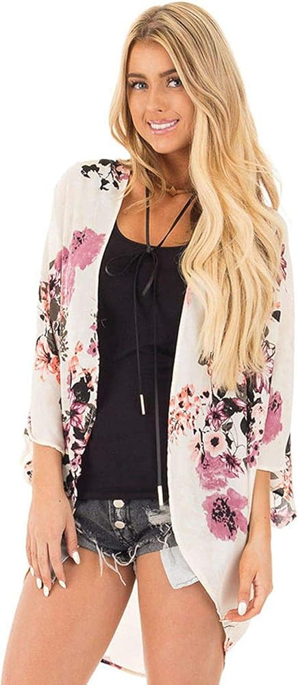 Women's 3/4 Sleeve Floral Print Kimono Sheer Chiffon Loose Cardigan S-3XXL | Amazon (US)