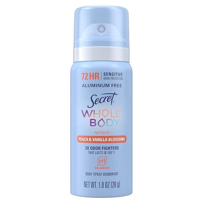 Secret Whole Body Deodorant Spray for Women, Travel Size, Peach & Vanilla Blossom Scent, Aluminum... | Amazon (US)