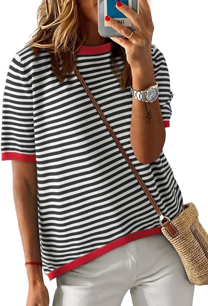 Dokotoo Womens Summer Tops Casual Crewneck Short Sleeve Striped Color Block Knitted High Low Tren... | Amazon (US)