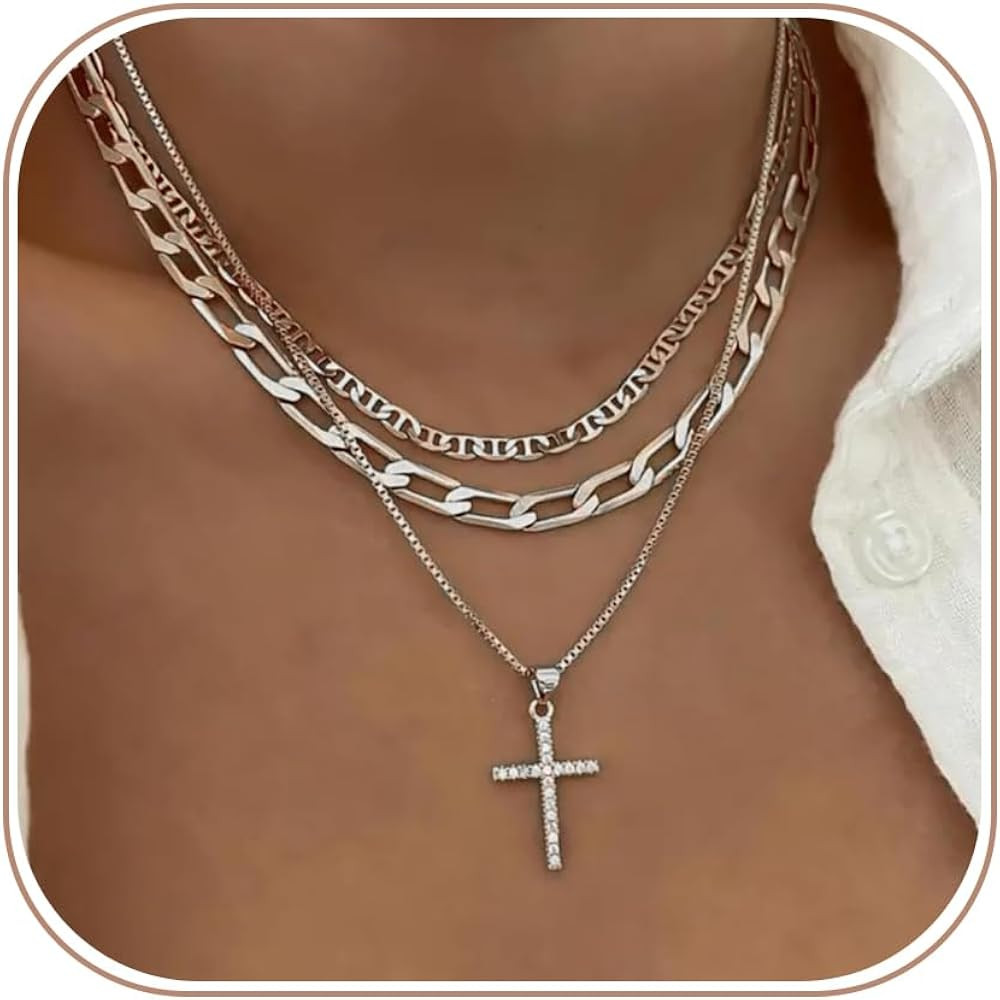 Cross Necklace for Women Stack 14K Gold/Silver Plated Layered Necklace | Amazon (US)