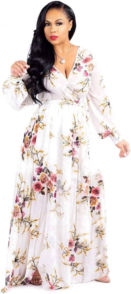 Nuofengkudu Womens Chiffon Deep V-Neck Stripe Printed Maxi Dress Unique Loose Summer Boho Dresses... | Amazon (US)
