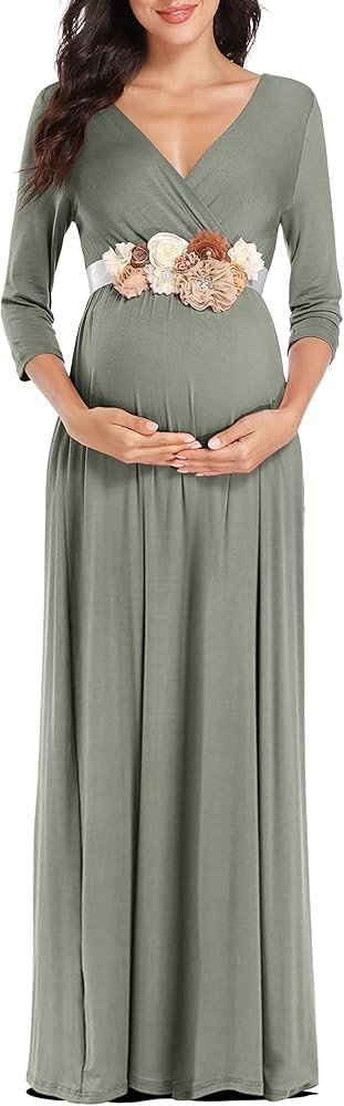 KIM S Maternity Maxi Dress with Flower Sash(S-3XL)/Wrapped Ruched V Neck Photoshoot Baby Shower D... | Amazon (US)