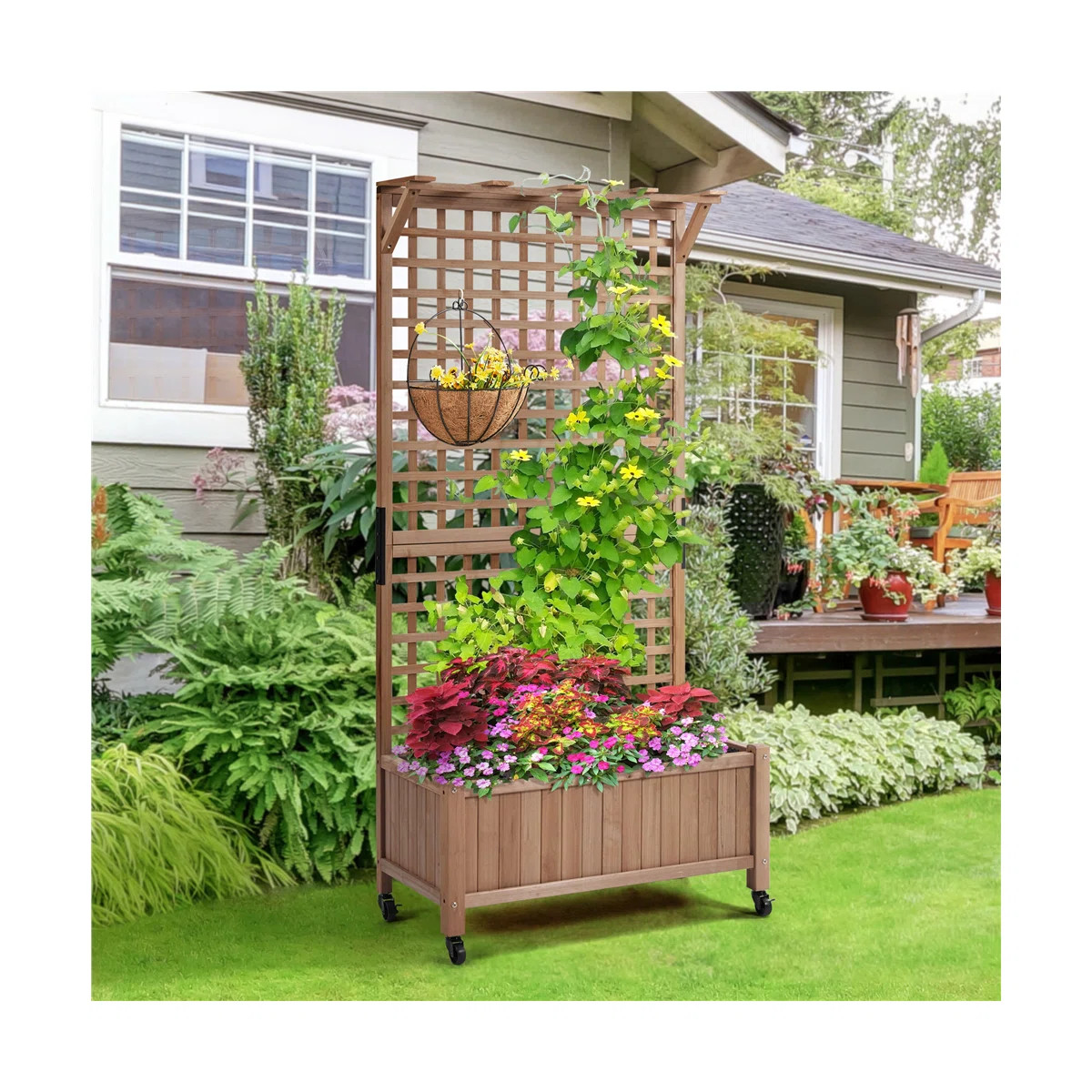 Yanine Handmade 75″ H Fir Wood Planter Box with Trellis and Wheels | Wayfair North America