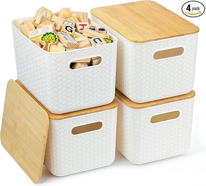 Ohmlove 4 Pack Bamboo Lid Storage Bins - Stackable Plastic Containers for Organizing Desktop, Clo... | Amazon (US)