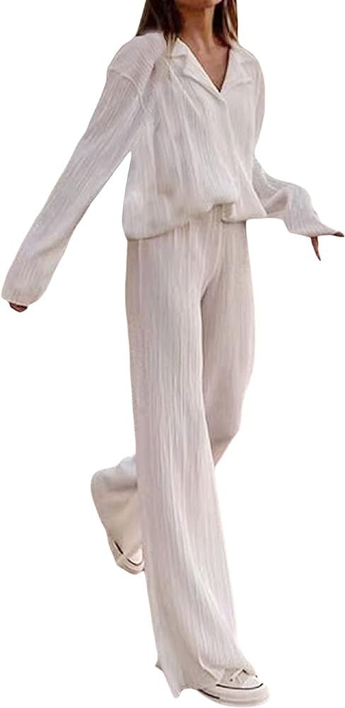 ROAONOCOMO Women 2 Piece Pants Outfits Long Sleeve Button Down Shirts High Waist Long Pants Pleat... | Amazon (US)