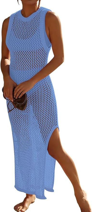 Bsubseach Crochet Swim Coverup Sleeveless Knitted Cover Up Dress | Amazon (US)