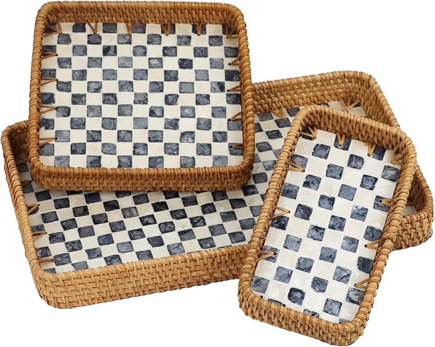 Set of 3 Rattan Serving Trays, Rectangle Tea Coffee Tray with Mother of Pearl Inlay, Natural Deco... | Amazon (US)