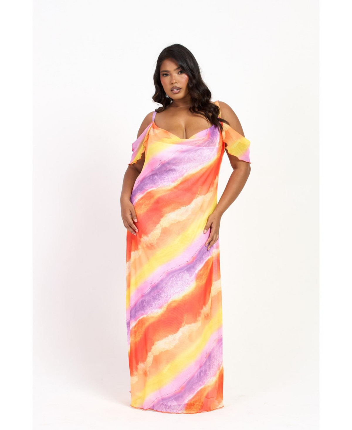 Fashion-szn Curve Women's Cold Shoulder Marble Print Maxi Dress - Purple | Macy's