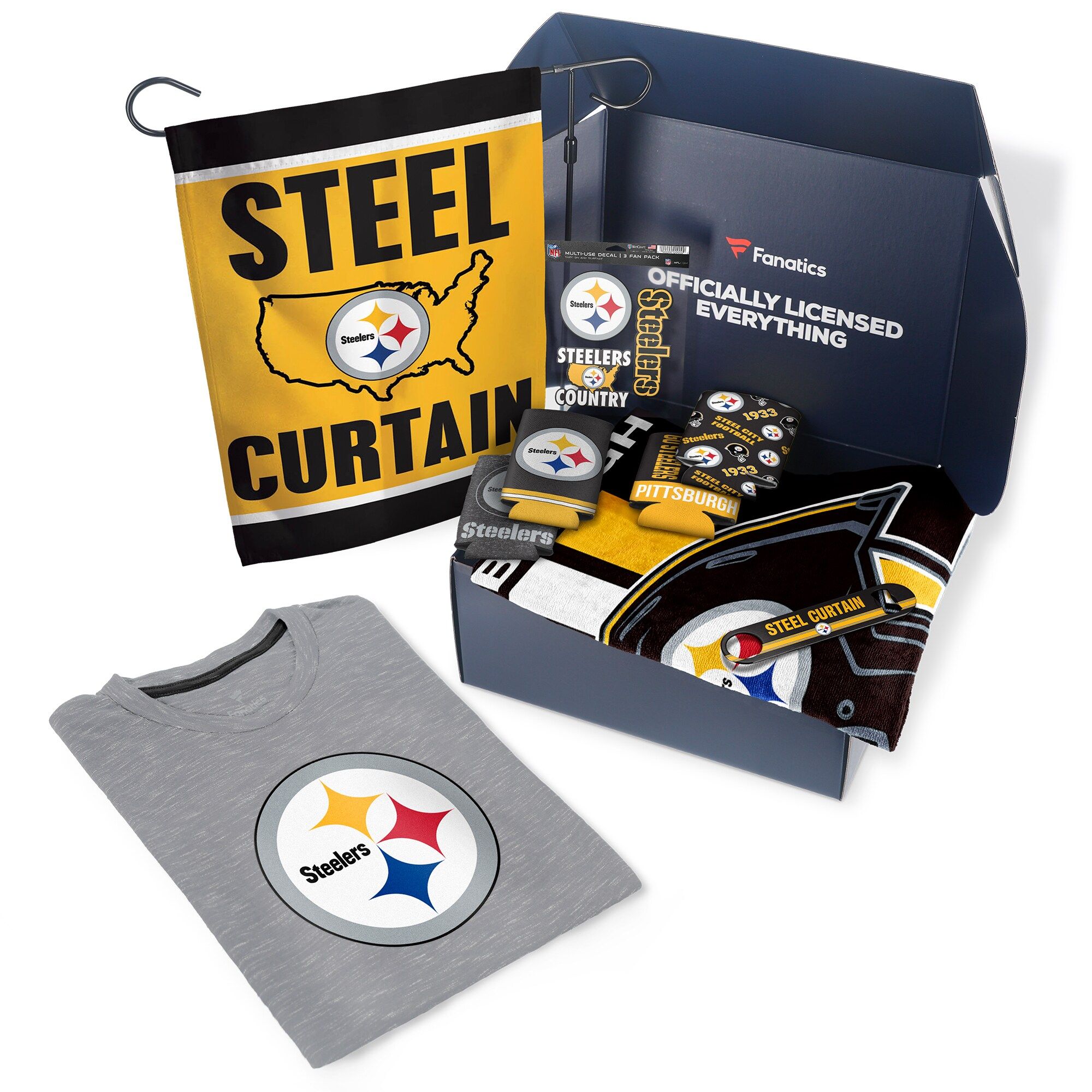 Pittsburgh Steelers Fanatics Pack Tailgate Game Day Essentials T-Shirt Gift Box - $107+ Value | NFL Shop