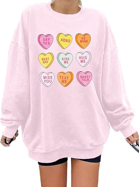 JINTING Valentine Sweatshirt Women Oversized Hearts Long Sleeve Shirt Conversation Heart Sweatshi... | Amazon (US)