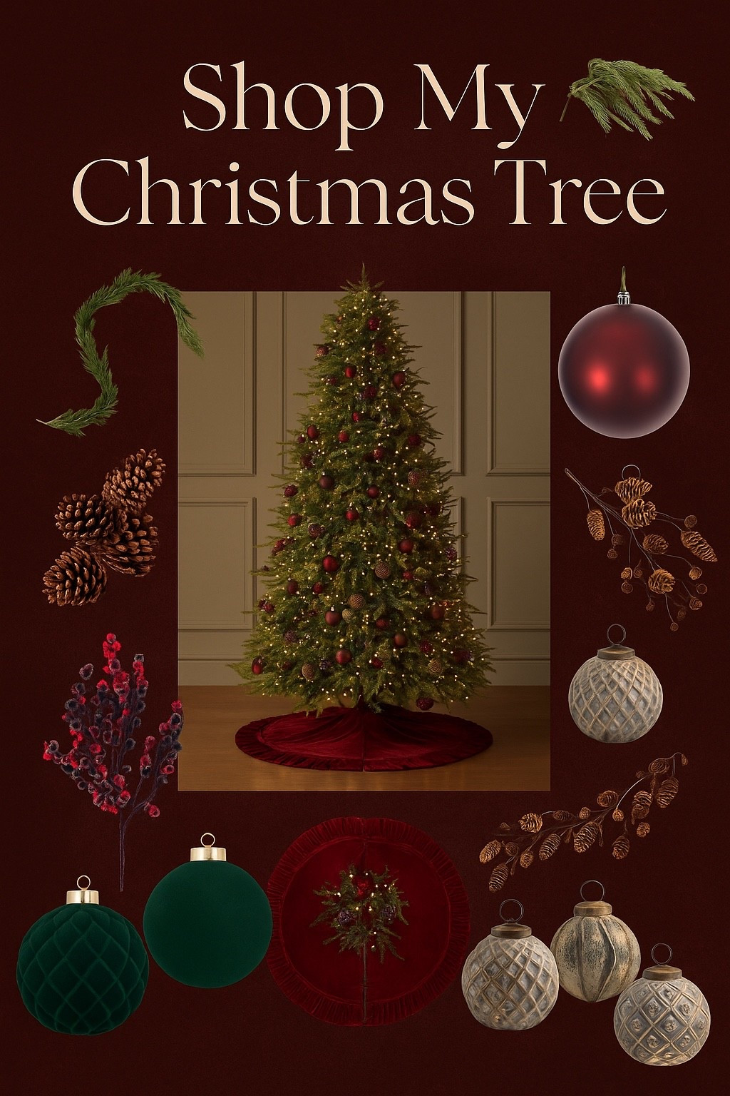 Viral Trending Christmas Tree burgundy ornaments pine cone garland! 

#LTKHoliday #LTKSeasonal #LTKHome