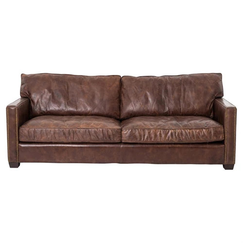 Darla Modern Classic Brown Leather Upholstered Ash Wood Brass Nailhead Sofa | Kathy Kuo Home