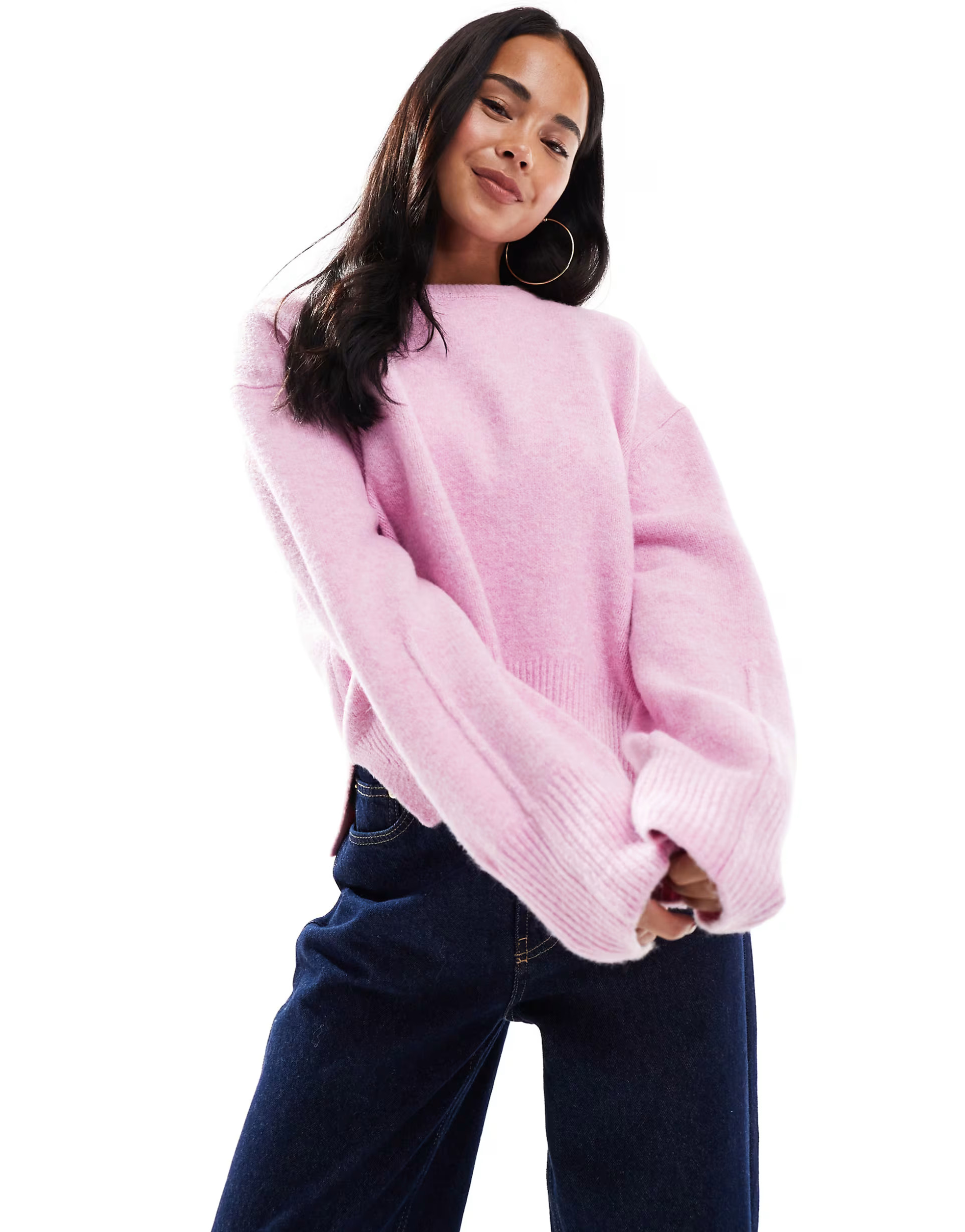 ASOS DESIGN boxy crew neck jumper with side split detail in pink | ASOS (Global)