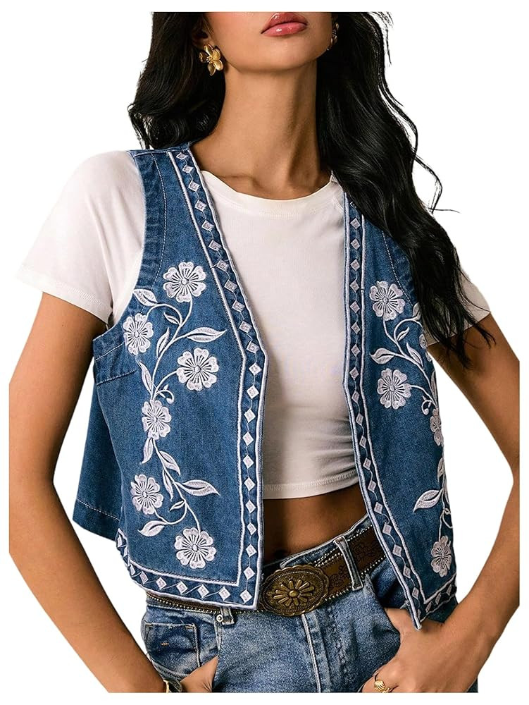 Women's Floral Embroidered Denim Vest Open Front Vintage Western Vest Sleeveless Jean Jacket Wais... | Amazon (US)