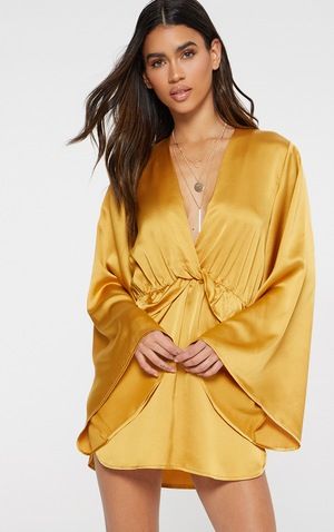 Mustard Satin Kimono Sleeve Plunge Shift Dress | PrettyLittleThing UK