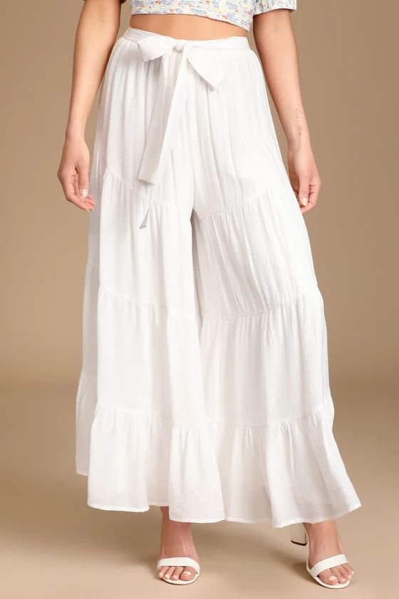 At The Villa White Tiered Belted High-Waist Wide-Leg Pants | Lulus (US)