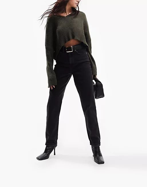 ASOS DESIGN high rise Farleigh slim fit mom jeans in washed black | ASOS (Global)