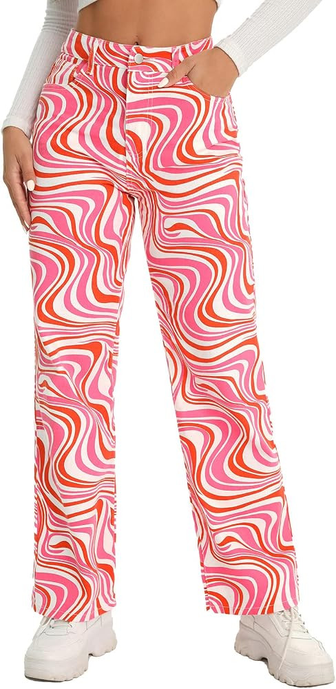 WDIRARA Women's Cow Print Ripped Jeans High Waisted Button Skinny Denim Pants | Amazon (US)