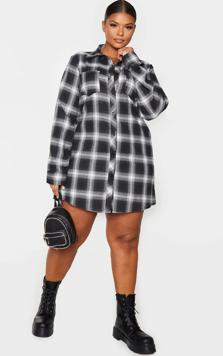 Plus Black Checked Oversized Shirt Dress | PrettyLittleThing US