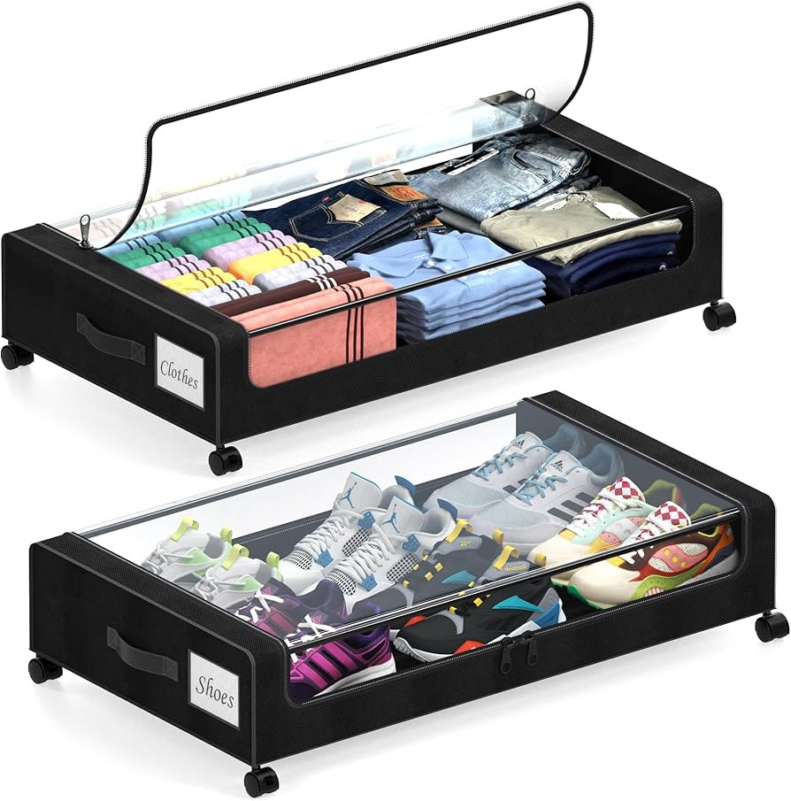 Under Bed Storage with Wheels, 2 Pack Under Bed Storage Containers with Dividers & Clear Lids, XX... | Amazon (US)