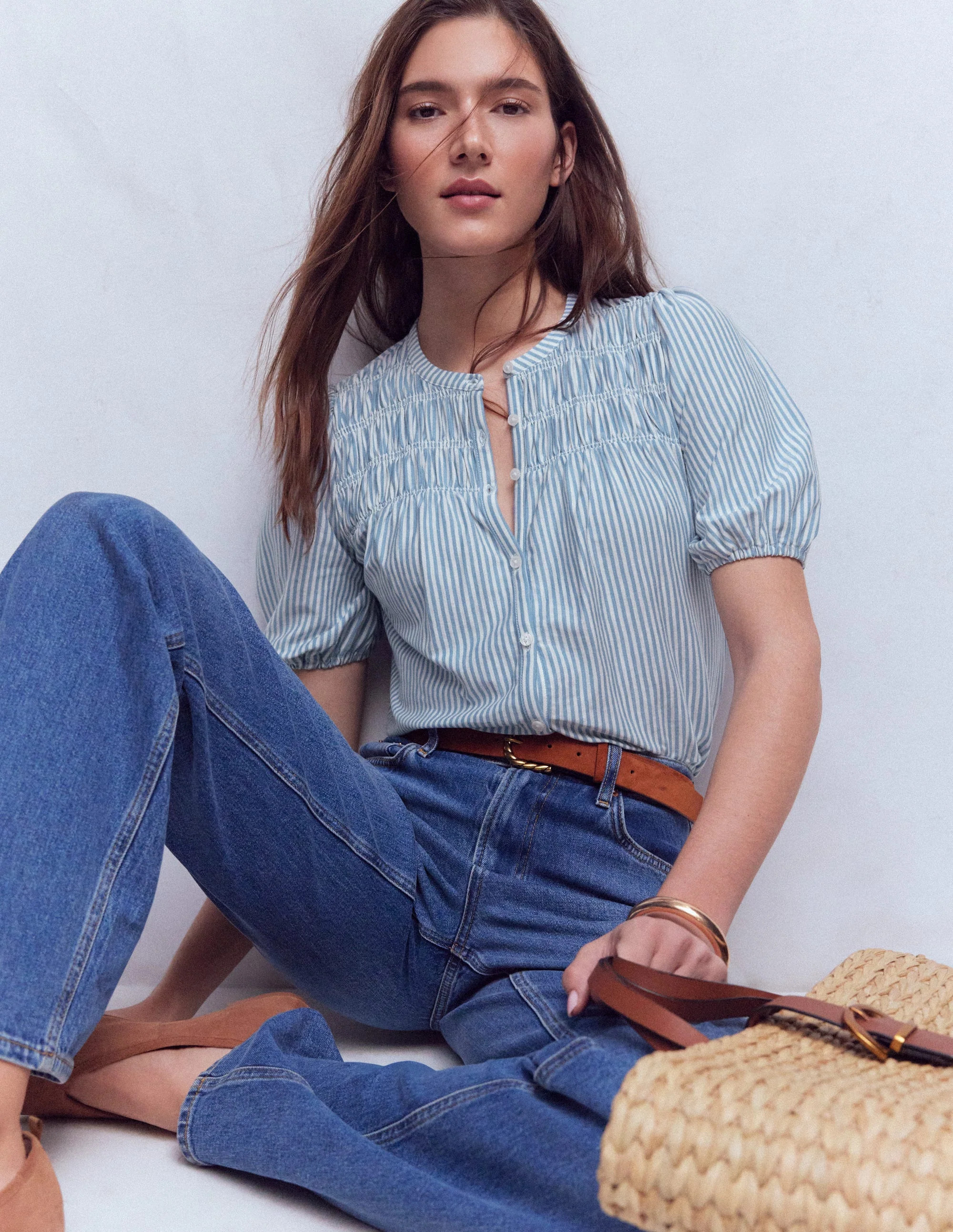 Mya Short Sleeve Smocked Shirt-French Blue and Ivory Stripe | Boden (US)