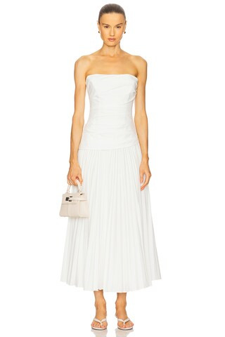 SIMKHAI Arie Strapless Bustier Midi Dress in White from Revolve.com | Revolve Clothing (Global)