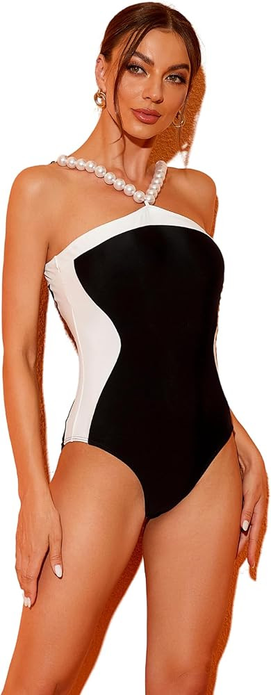 FLAXMAKER Halter Artificial Pearl Chain One Piece Swimsuit and Skirt | Amazon (US)