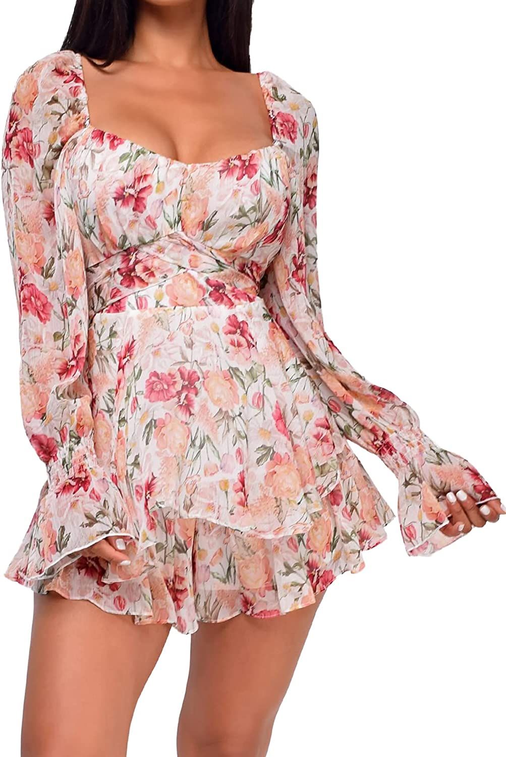 LYANER Women's Floral Print Off Shoulder Long Sleeve Ruffle Hem Romper Short Jumpsuit | Amazon (US)