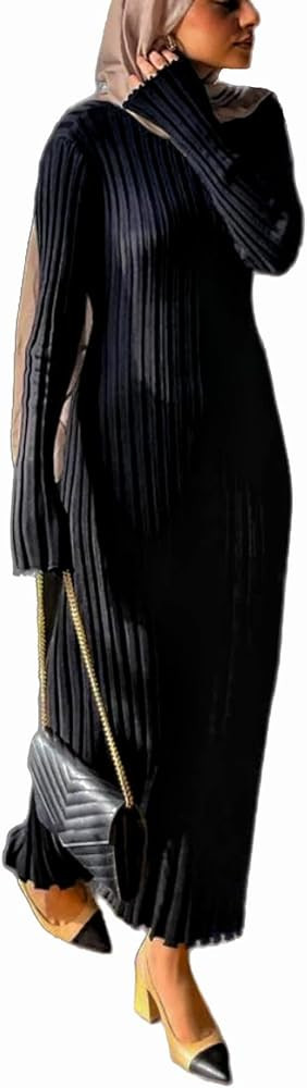 Women's Long Sleeve Maxi Ribbed Crewneck Dress       
Material: Leather, Cotton | Amazon (US)