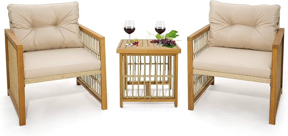 Tangkula 3 Pieces Acacia Wood Patio Furniture Set, PE Wicker Bistro Set with Cushioned Chairs and... | Amazon (US)