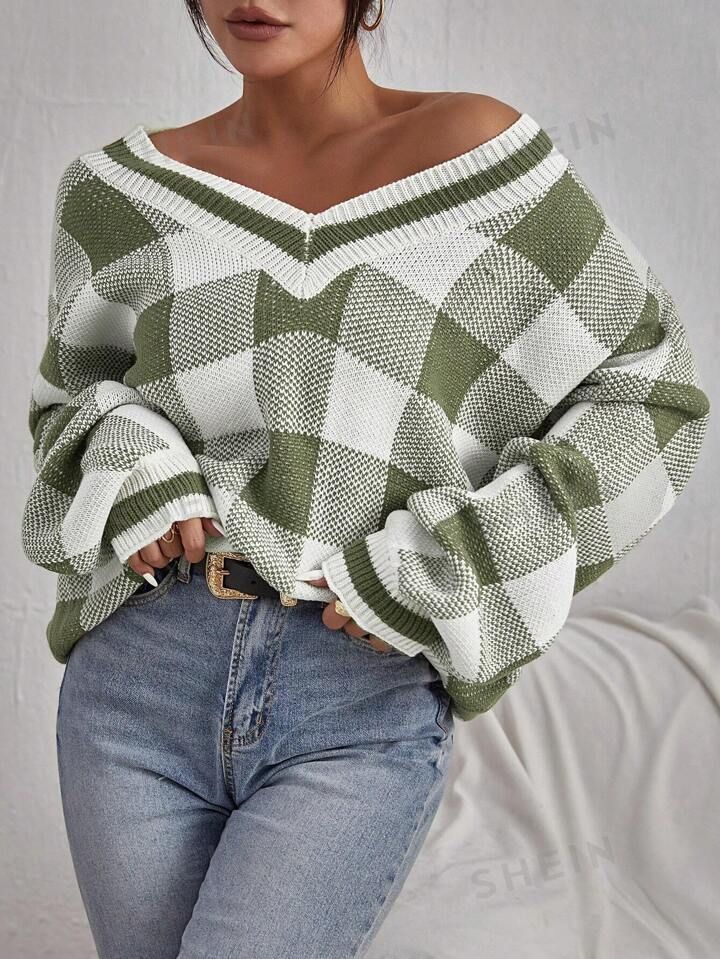 SHEIN Essnce Women's V-Neck Plaid Sweater Pullover | SHEIN