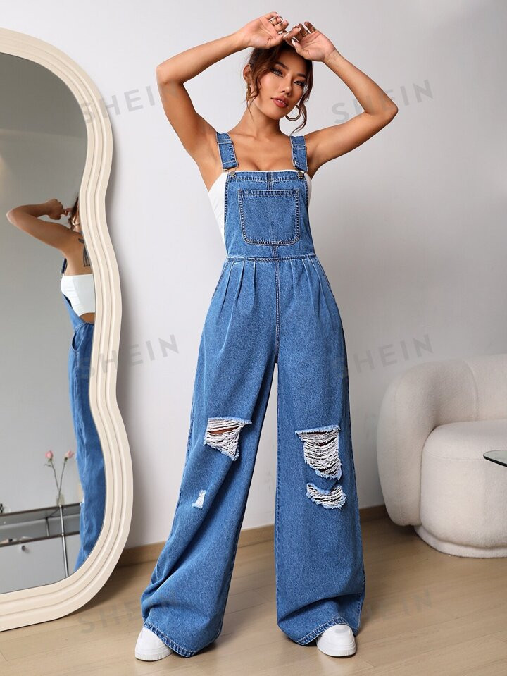 SHEIN EZwear Ripped Denim Overalls Without Top | SHEIN