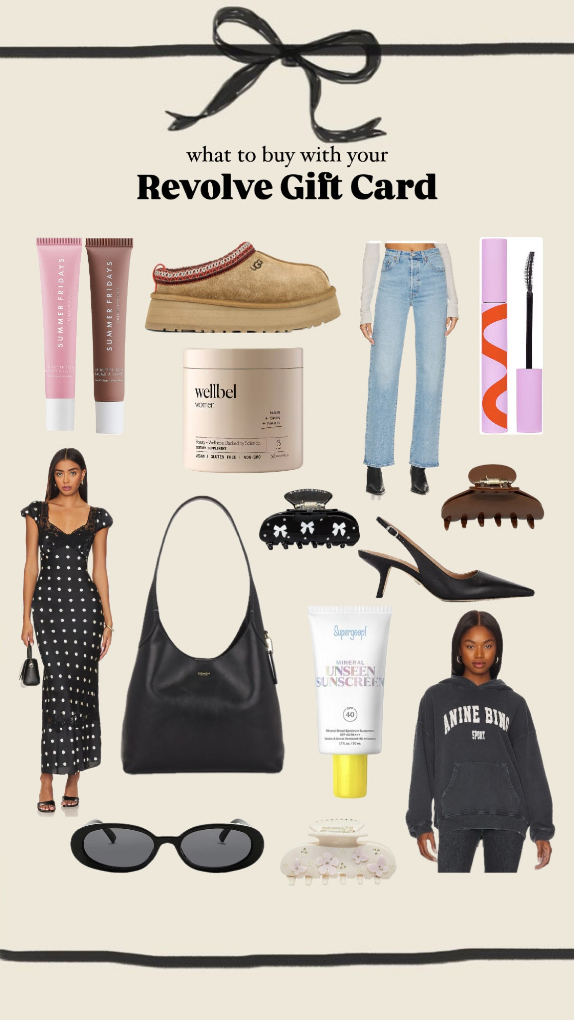 What to buy with your Revolve gift card 💌 Aviator Nation, Revolve gifts, Revolve favorites, preppy Revolve finds, Uggs, coach brooklyn, anine bing sweatshirt, free people dress, wellness supplements, summer fridays, lip balm, levis jeans, high rise jeans, high waisted jeans, ribcage jeans, straight leg jeans, mascara, tower 28, emi jay hair clip, emi jay, hair clip, hair claw, supergooo sunscreen, sunscreen, tinted sunscreen, 

#LTKHoliday #LTKGiftGuide