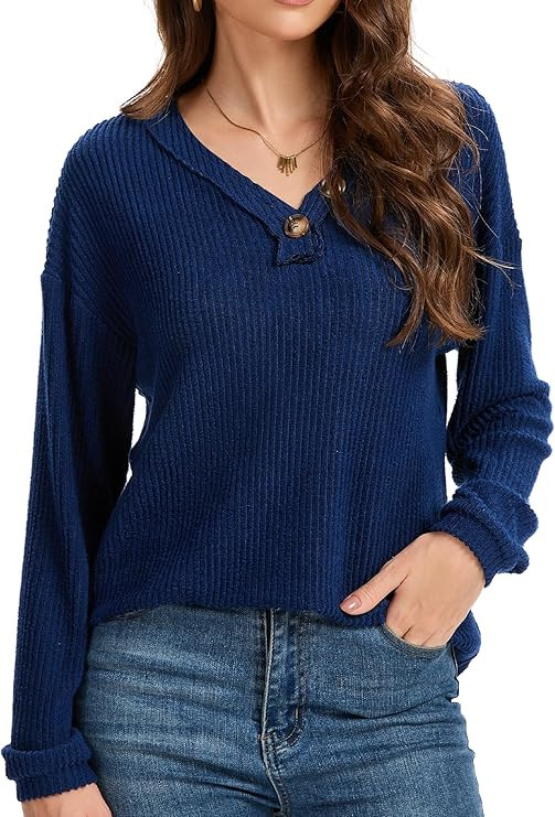 Long Sleeve Shirts for Women V-Neck Button Down Lightweight Tops Blouses Sweaters Fashion Clothin... | Amazon (US)