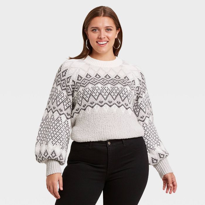 Women's Plus Size Crewneck Fair Isle Pullover Sweater - Ava & Viv™ Gray | Target