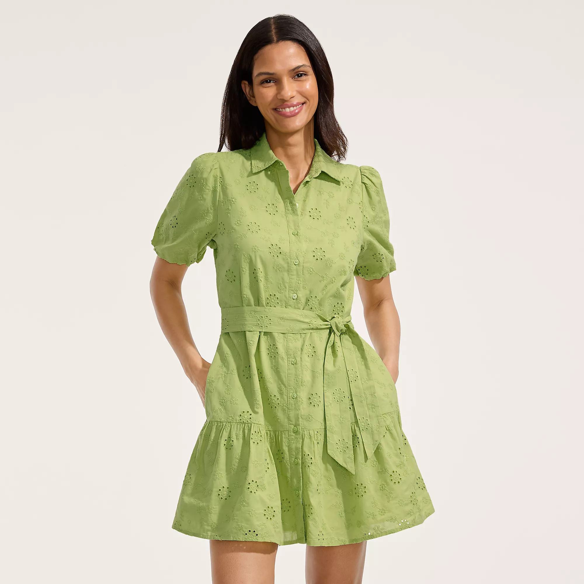 Women's Petite Elbow Sleeve Eyelet Knee Length Shirt Dress | Lands' End (US)