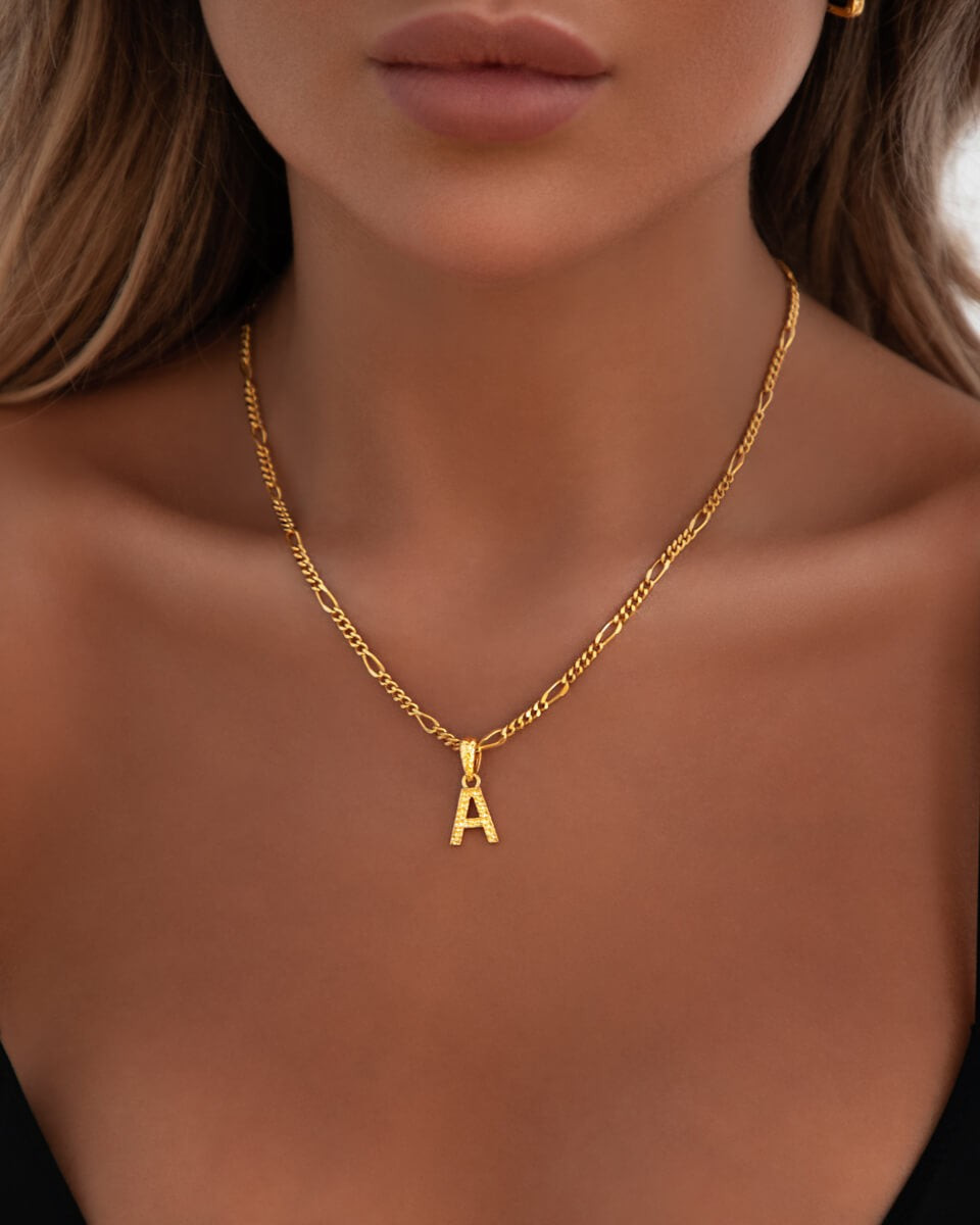 Hammered Initial Small Figaro Chain Necklace (Gold) | Abbott Lyon