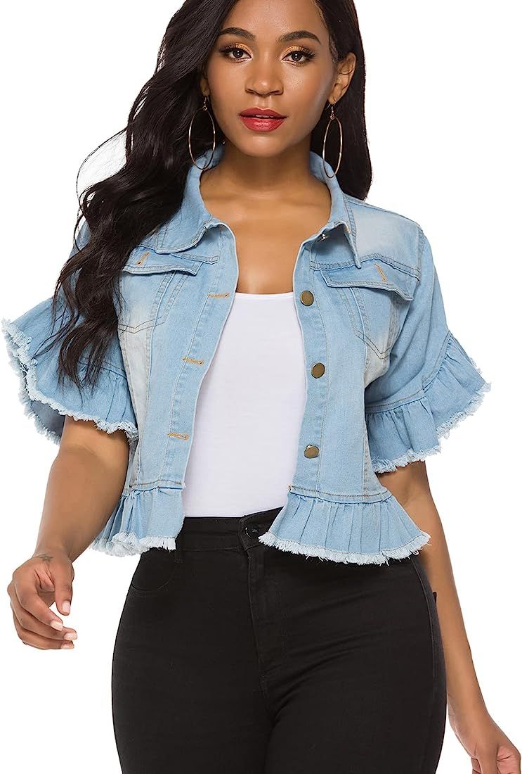 Suvimuga Women's Denim Jacket Button Down Distressed Ruffle Sleeve Crop Jean Jackets Coat | Amazon (US)