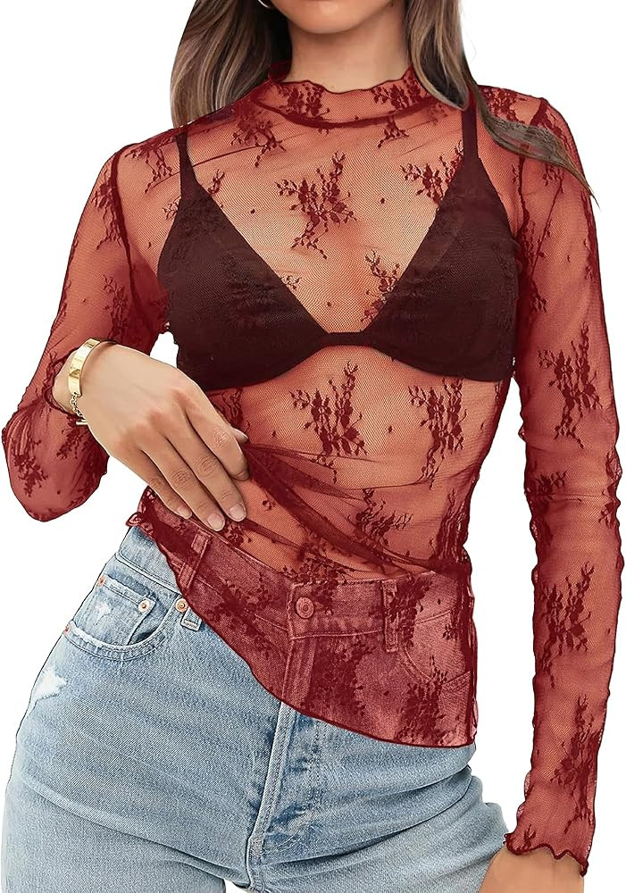 OFEEFAN Womens Long Sleeve Mesh Top See Through Mock Neck Sheer Blouses | Amazon (US)