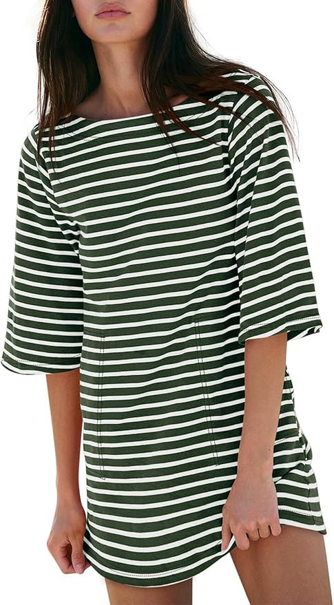 Yousify Women’s T Shirt Dress Cotton Summer Dresses 2026 Casual Loose Short Sleeve Striped Mini... | Amazon (US)