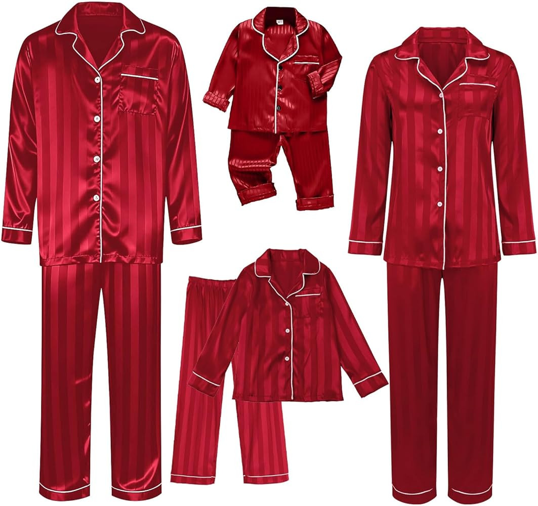 Silk Matching Christmas Pajamas for Family Striped Button Down Shirt and Pants Silky Satin Xmas P... | Amazon (US)