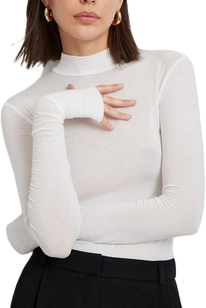 Sheer Mesh Long Sleeve Layering Top for Women Mock Neck Floral Lace Tshirt See Through Tee Shirt ... | Amazon (US)