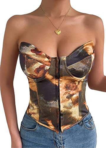 Women Lace Up Back Corset Square Neck Floral Crop Tops See Through Mesh Corset Top Brown S | Amazon (US)