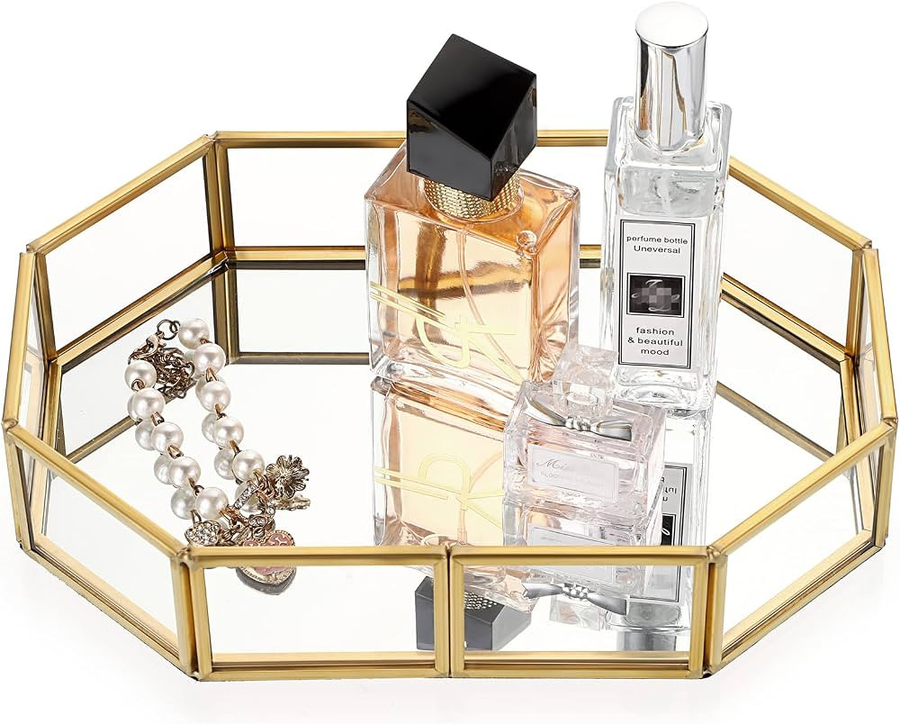 BTSKY Gold Metal Makeup Tray - Clear Glass Vanity Tray, Elegant Mirrored Decorative Tray Jewelry ... | Amazon (CA)