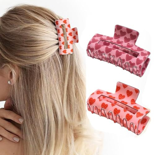 Paderison 2Pcs Checkered Rectangle Multicolored Hair Claw - Strong Hold Y Hair Accessories for Thin and Thick Hair (Red Pink) | Amazon (US)