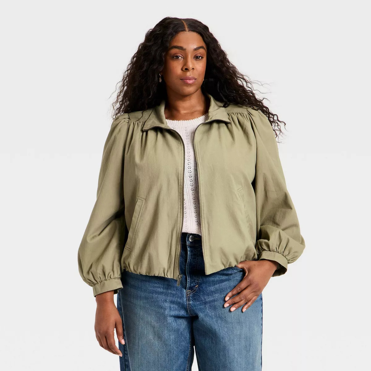 Women's Cropped Femme Twill Bomber Jacket - Universal Thread™ Tan 3X | Target