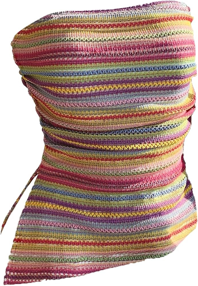 WDIRARA Women's Plus Size Colorful Striped Ruched Tube Top Strapless Split Asymmetrical Bandeau T... | Amazon (US)