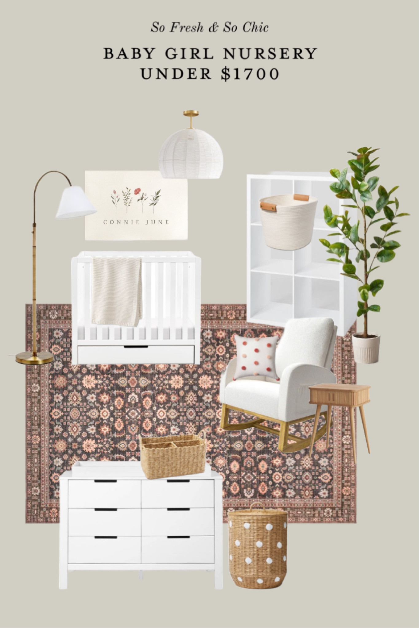 Baby girl nursery decor mood board design. 
-
Neutral nursery decor - white mini crib - white double dresser with wood changing pad - white nursery rocking chair - fluted wood accent table - studio mcgee floor lamp - white rope woven flushmount chandelier - kids room lighting - faux rubber tree Hearth and Hand - traditional rug kids room Rugs USA - sweater baby blanket Target - customized name sign with spring flowers Etsy - polka dot laundry hamper kids room nursery - kids room decor - affordable nursery decor - six cube bookshelf Target - woven soft baskets with faux leather handles for cube shelf - pompom throw pillow nursery - rattan diaper caddy - West Elm - affordable girl nursery decor #ltkhome

#LTKsalealert #LTKkids #LTKbaby
