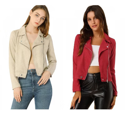 INSPIRE CHIC Women's Zip Up Faux Suede Biker Moto Jacket 2 Packs Beige/Red Medium | Target